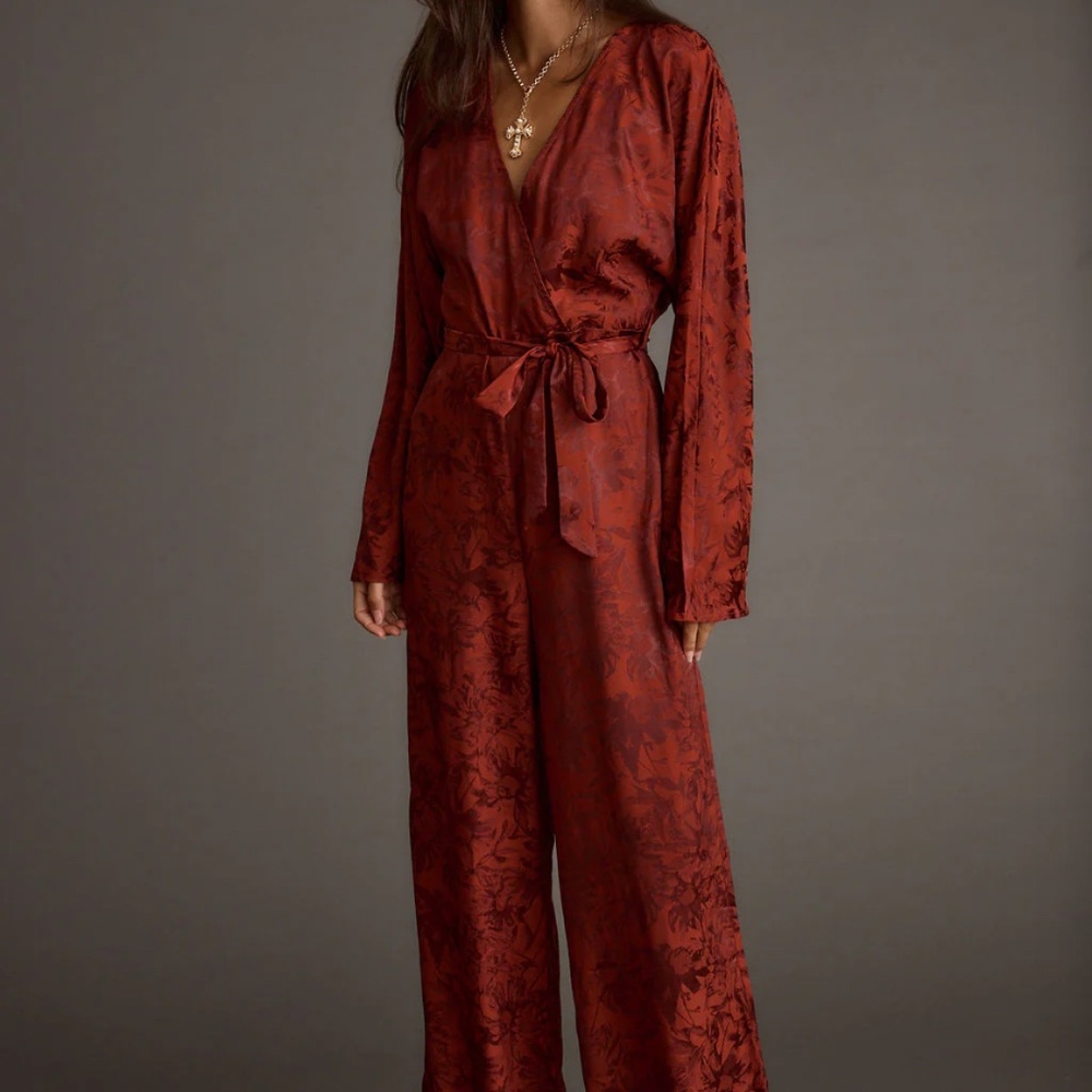 12th Tribe Noelle Cinnamon Satin Jacquard Jumpsuit